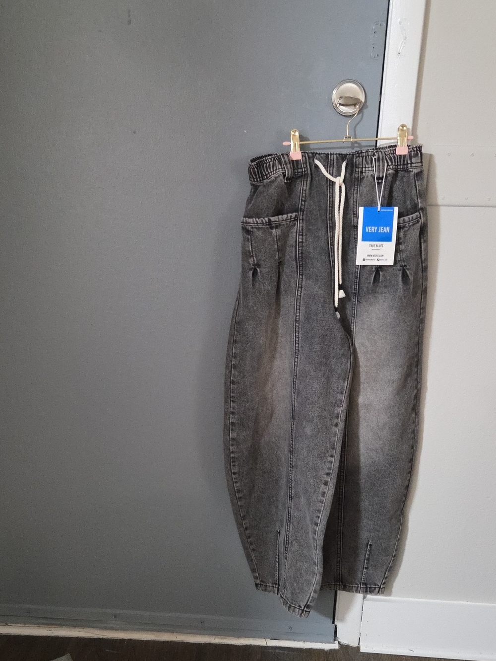Cotton denim Barrel jeans, Very Jean True Blues, drawstring waist, gray washed